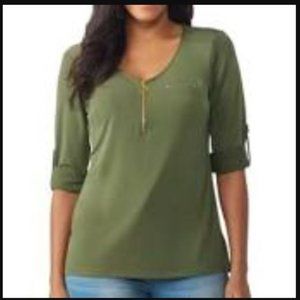 Roz & Ali Olive Knit Zipper Top 3X